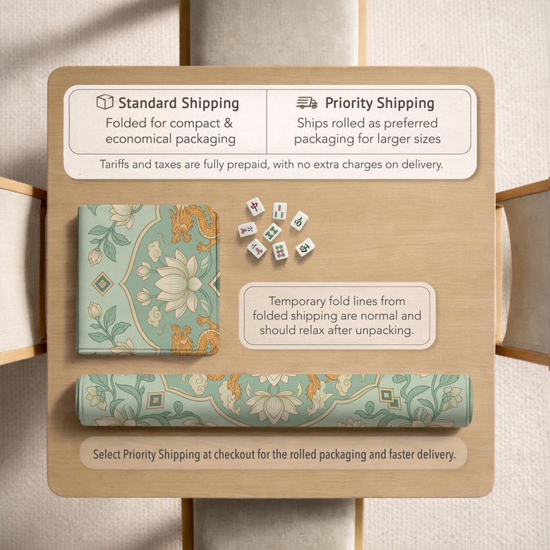 May include: A rolled-up, mint green and gold patterned mat with a matching folded mat and Mahjong tiles. The mats feature a floral and dragon design. The text on the image says "Standard Shipping" and "Priority Shipping".