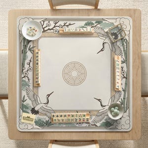 May include: A square mahjong table with a cream-colored playing surface featuring a crane design and bamboo accents. The table includes tiles, bowls, and a decorative border. The table is set on a light wood frame.