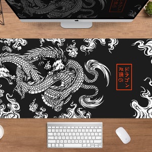 Dragon Desk Mat Japanisches Mousepad schwarz weiß, Japan Kanji Robbe abstrakte orientalische Kunst, XXL große breite Gaming Schreibtischmatte kleines Mauspad