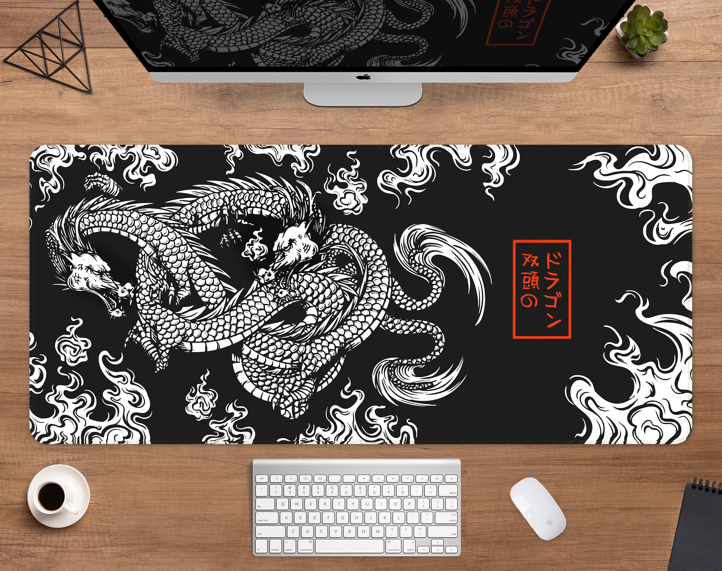 Dragon Desk Mat Japanese Mousepad Black and White, Japan Kanji