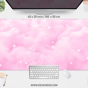 Pink desk mat cute mousepad kawaii, Pastel clouds sky mouse pad, XXL gaming deskmat RGB LED, Small round mousemat with wrist rest xl deskpad