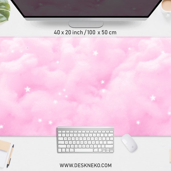 Pinkes Mousepad kawaii, Pastell Wolken Himmel Mousepad, XXL Gaming Deskmat RGB LED, Kleines rundes Mousepad mit Handgelenkauflage xl