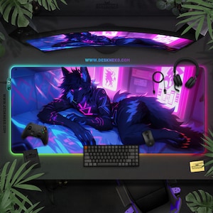 Furry Desk Mat, Large Mouse Pad LED: Gaming Deskmat RGB, Neon dog fox wolf boy anime keyboard matt, Large wireless charging mousepad xxl