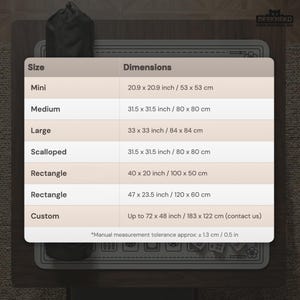 May include: A product size chart for desk mats, with dimensions in inches and centimeters. Sizes include Mini (20.9 x 20.9 inches / 53 x 53 cm), Medium (31.5 x 31.5 inches / 80 x 80 cm), and Large (33 x 33 inches / 84 x 84 cm).