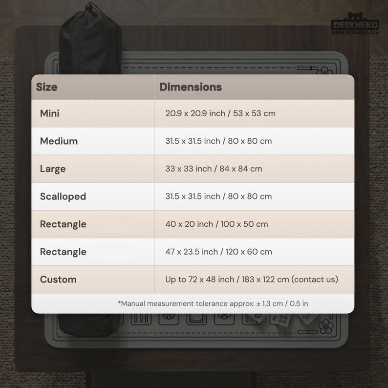 May include: A product size chart for desk mats, with dimensions in inches and centimeters. Sizes include Mini (20.9 x 20.9 inches / 53 x 53 cm), Medium (31.5 x 31.5 inches / 80 x 80 cm), and Large (33 x 33 inches / 84 x 84 cm).