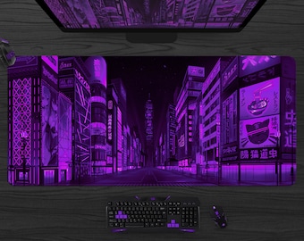Alfombrilla de escritorio Neon Tokyo Street XL, alfombrilla de ratón para juegos japonesa, alfombrilla de escritorio extragrande de anime, alfombrilla de escritorio con horizonte/ciudad morado de Vaporwave, alfombrilla de ratón XXL