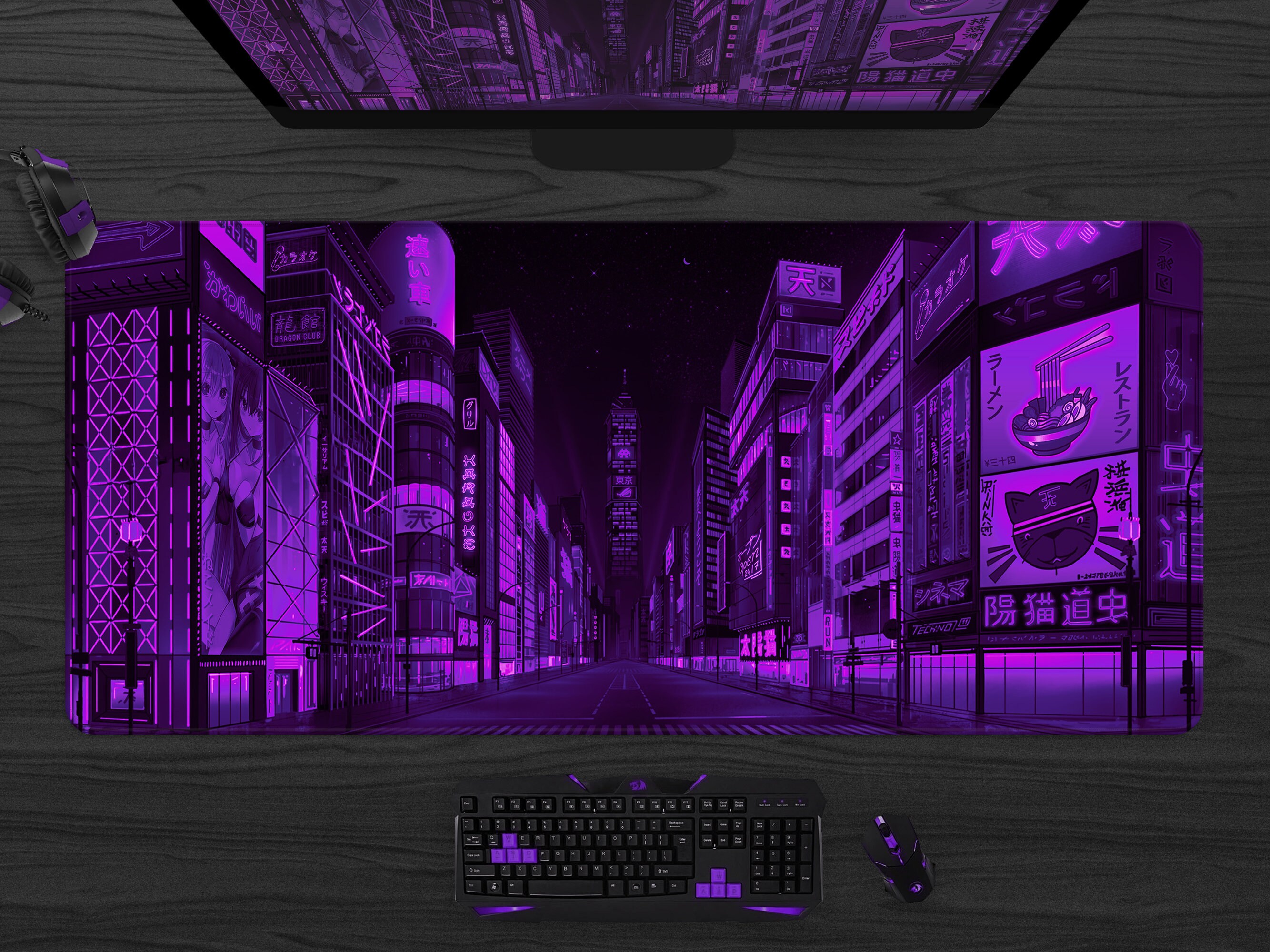 Vaporwave Gaming Desk Mat Cyberpunk City Mousepad Xxl, Neon Ninja