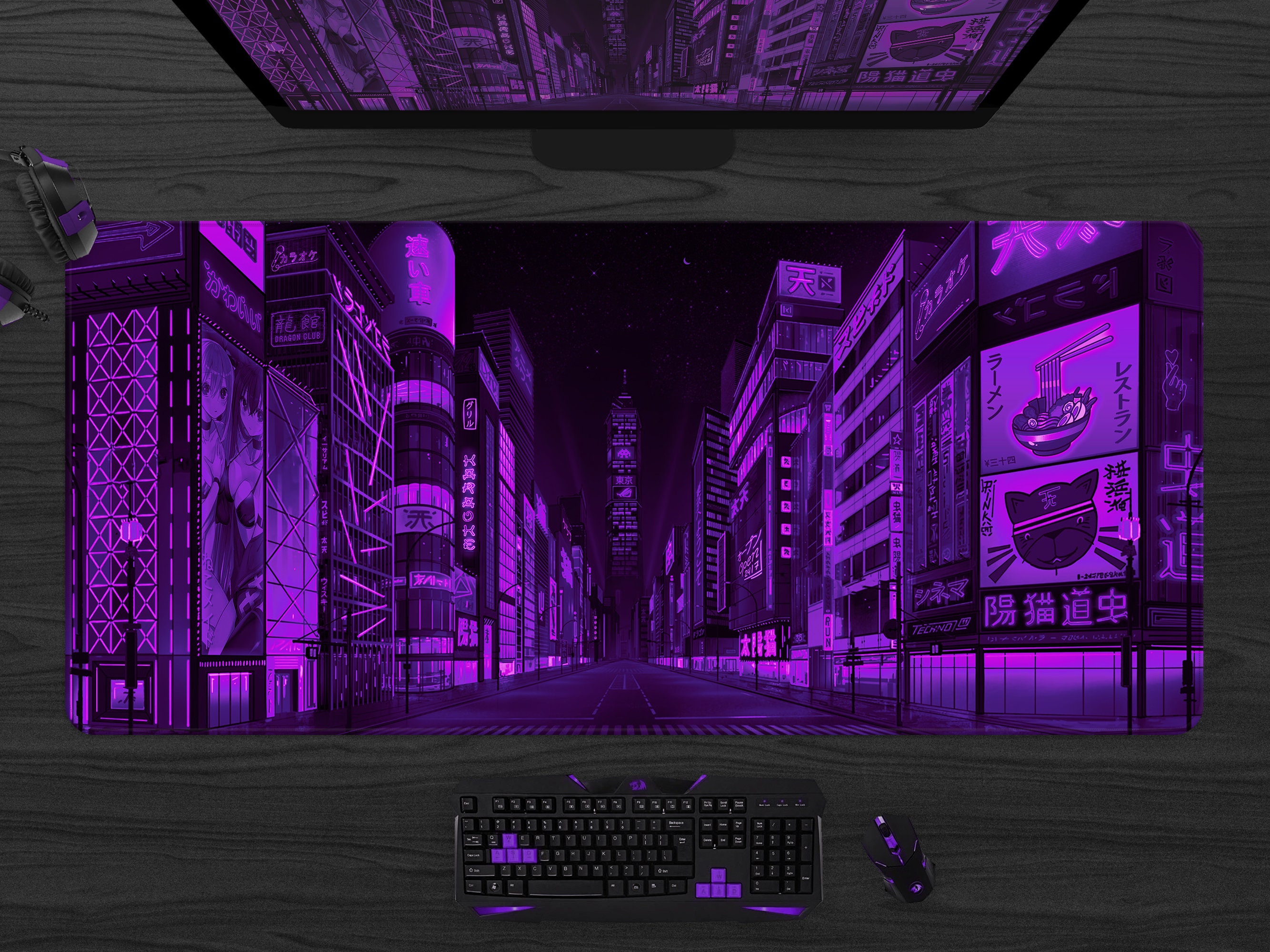 Vaporwave Gaming Desk Mat Cyberpunk City Mousepad Xxl, Neon Ninja