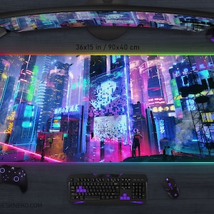 Vaporwave gaming Desk Mat RGB LED Mousepad cyberpunk city, Tokyo Japan Neon signs Japanese anime, wide big xl deskmat mouse pad large XXL
