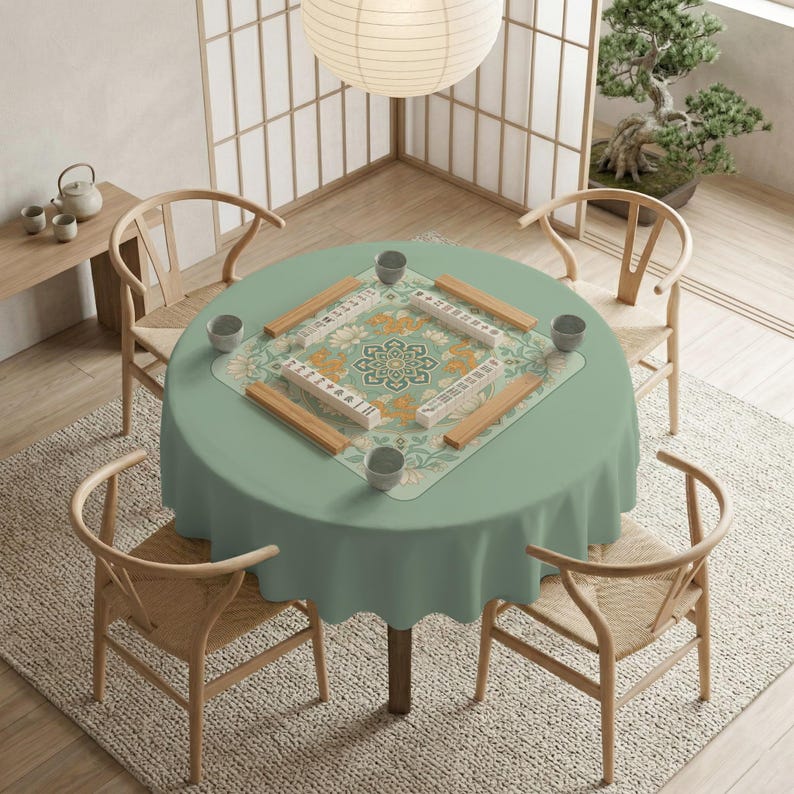 Mahjong Table Mat, Sage Green Lotus Dragon Mahjong Mat, Decorative Game Table Cloth, American Chinese Mahjong Playmat, Travel image 14