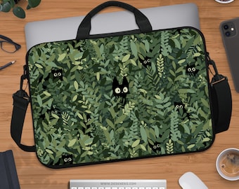 Cute Cats Laptop Sleeve, Green Laptop Bag Green, shoulder tote strap handle, Anime cover for ipad/macbook pro 10 12 13 14 15 15.6 16 17 inch