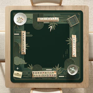Pode incluir: Uma vista de cima de uma configura&ccedil;&atilde;o de jogo de Mahjong em uma mesa de madeira. A superf&iacute;cie de jogo verde escuro apresenta designs geom&eacute;tricos dourados e detalhes de bambu. Tigelas brancas cont&ecirc;m pe&ccedil;as de jogo, e prateleiras de azulejos de madeira s&atilde;o dispostas nas bordas.