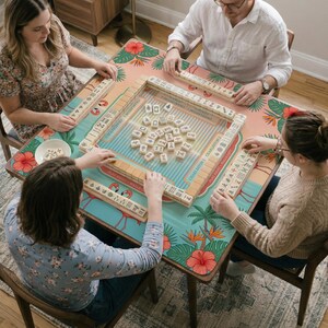 May include: A square mahjong game table featuring a colorful tropical print with pink flamingos, red hibiscus flowers, and green palm leaves. The table surface includes printed game instructions and a central pile of ivory-colored mahjong tiles.