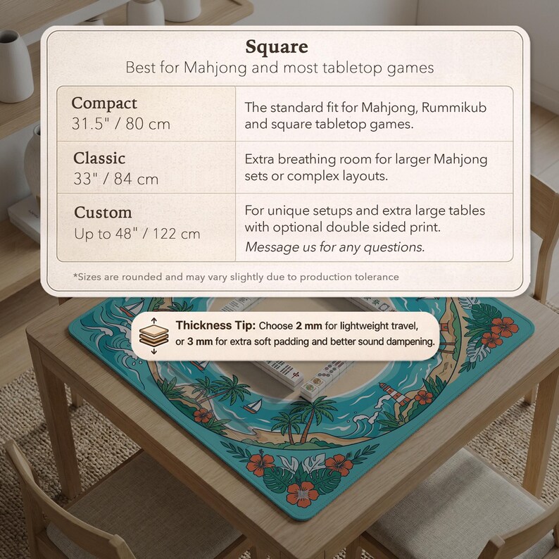 May include: A square tabletop game mat with a tropical island design, featuring palm trees, flowers, and a lighthouse. The mat is on a wooden table and is available in various sizes, up to 122 cm.