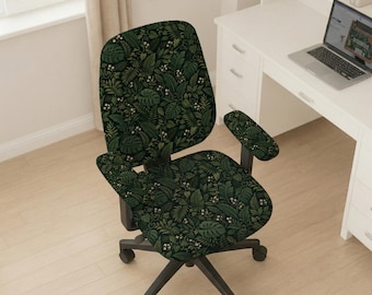Dark Green Botanical Office Chair Cover, Tropical Stretch Desk Chair Slipcover, Armrest Covers for High Back Gaming Chair