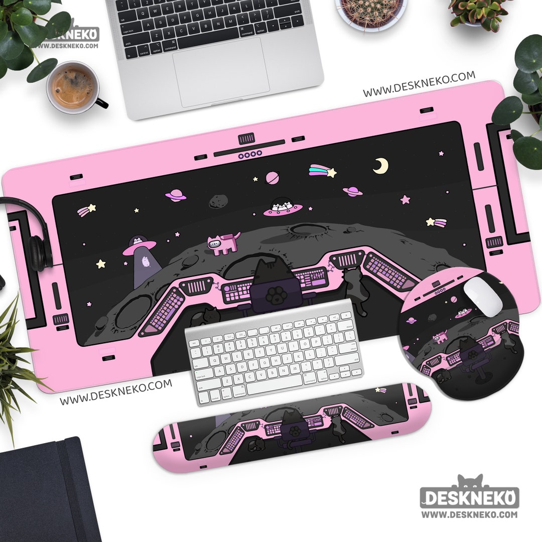 Kawaii Desk Mat Pink Black, Space Cat Mouse Pad, Cute Anime Aesthetic ...