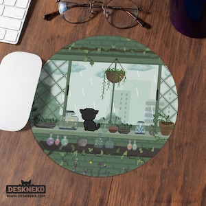 Cute Cat Mouse Pad, Pixel Art Green Mousepad, Ergonomic Keyboard Wrist Rest, Deskmat mouse mat small round, Witchy Cozy Desk Decor gift