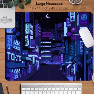 Gaming-skrivbordsmatta blå, stor musmatta rgb, Vaporwave Tokyo city street anime handledsstöd, bred XXL LED-skrivbordsmatta japansk musmatta för spelare 18" x 14" (45x35cm) inches