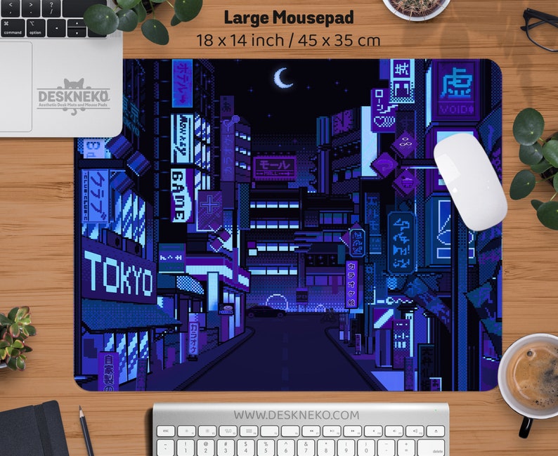 Gaming-skrivbordsmatta blå, stor musmatta rgb, Vaporwave Tokyo city street anime handledsstöd, bred XXL LED-skrivbordsmatta japansk musmatta för spelare 18" x 14" (45x35cm) inches
