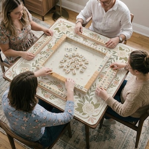 May include: A square mahjong table featuring a cream-colored surface with a decorative floral border of roses and leaves in muted green, pink, and brown tones. The table is set with a central pile of ivory mahjong tiles and four racks.