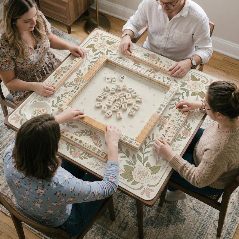 May include: A square mahjong table featuring a cream-colored surface with a decorative floral border of roses and leaves in muted green, pink, and brown tones. The table is set with a central pile of ivory mahjong tiles and four racks.
