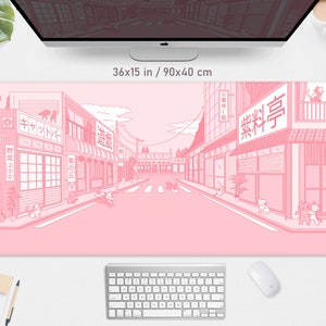 Kawaii Pink Street Desk Mat Mousepad Cute, Pastel kawai anime cats tokyo street japanese alley, xxl xl large gaming deskmat small mouse pad