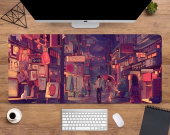 Tokyo Street Desk Matte, Japanisches Mousepad, Lila Anime Schreibtischunterlage xl, Xxl Gaming Schreibtischmatte, Japan Stadt Mauspad