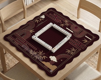 Mahjong Mat, Burgundy Gold Bamboo Art Deco Decorative Play Mat, Japanese Style Square Tabletop Game Mat, American Mahjong Board Game Mat