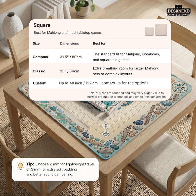 May include: Square Mahjong and tabletop game mat with a beige grid design, a border of stones and wood, and a compass rose. Available in sizes up to 48 inches (122 cm).