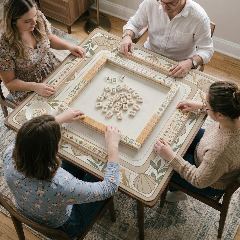May include: A group of four people playing Mahjong at a square table. The table has a beige and brown floral design. The game pieces are beige and brown. The players are seated around the table, each with a hand of tiles.