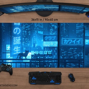 Blue neon Desk Mat anime Mousepad, xxl gaming deskmat led rgb mouse pad large, Japanese vaporwave Tokyo city, kawaii aesthetic cat skyline
