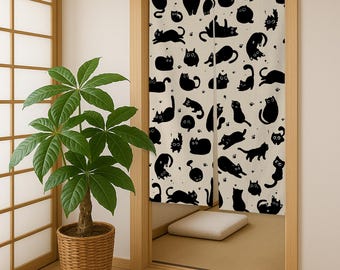 Noren con diseño de gato: cortina de puerta japonesa, tapiz divisor de ambientes Japandi personalizado, arte textil, decoración vertical para colgar en la pared.