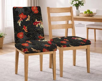 x1 Japanese Koi Fish Dining Chair Covers, set of 2/4/6, Parsons Anime Seat and Backrest Covers for Kitchen Chairs and Interior Decor