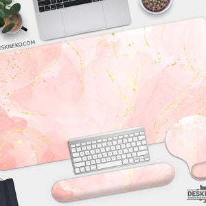 Pink marble desk mat, Large deskmat cute, Minimalist mouse pad with wrist rest, Soft keyboard support white, Ergonomic mousepad non-slip