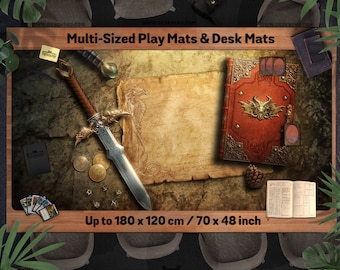 May include: Fantasy-themed play mats and desk mats. The image displays a detailed mat featuring a sword, coins, a book, and a map. The mat's dimensions are up to 180 x 120 cm.