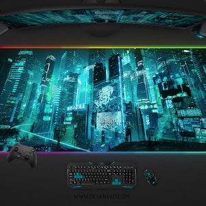 Cyan Gaming Desk Mat, Cyberpunk Mouse Pad large, XXL rgb led keyboard deskmat xl, Neon anime aesthetic, Green blue Japanese City mousepad