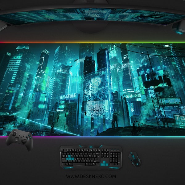 Cyan Gaming Desk Mat, Cyberpunk Mouse Pad large, XXL rgb led keyboard deskmat xl, Neon anime aesthetic, Green blue Japanese City mousepad