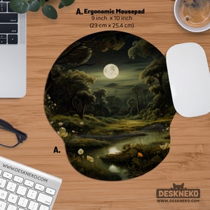 Ergonomic Mouse Pad or Keyboard Wrist Rest, Dark Green Forest Mousepad xl, Witchy Moon Desk Mat Deskmat, Cottagecore Desk Decor Accessory