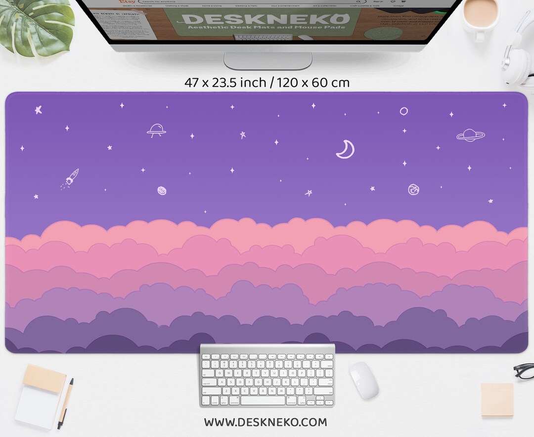 Kawaii Desk Mat Purple, Cute Mouse Pad, Pastel Clouds Doodle Sky Moon ...