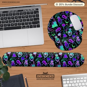 Goth Mousepad Desk Mat, Ergonomic Mouse Pad with wrist rest, Cute pastel gothic witchy keyboard hand support, Dark academia office decor