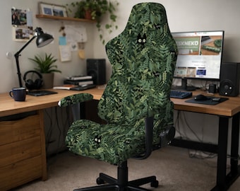 Gaming Chair Cover, Stretch Office Chair Slipcover, Green Botanical Cat Desk Chair Cover, Armrest Covers, Washable High Back Chair Fit