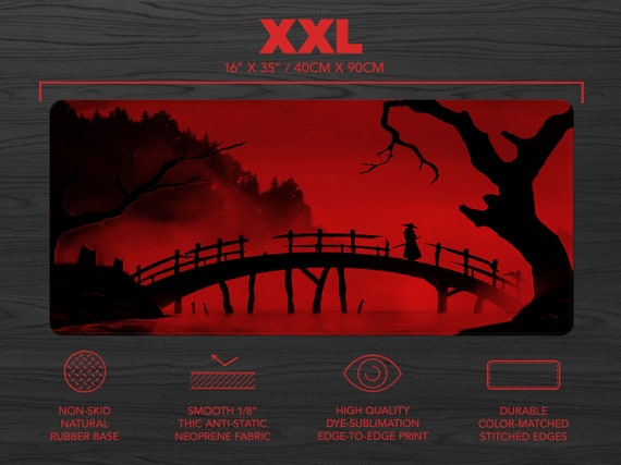 Samurai Desk Mat Japanese Gaming Mousepad, Black and Red Mouse Pad