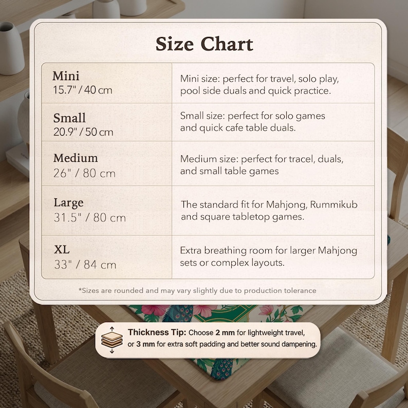 May include: A beige rectangular size chart for a tabletop game mat. It lists five sizes from Mini at 15.7 inches to XL at 33 inches, with descriptions for each. A thickness tip box at the bottom specifies 2 mm or 3 mm options for the mat material.