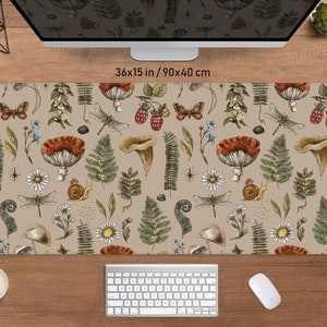 Cottagecore Desk Mat brown Mousepad mushrooms, Pressed dried floral pattern, Neutral beige sage green, xxl gaming deskmat mouse pad xl