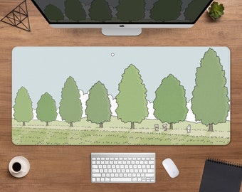 Cute Green Desk Mat kawaii Mousepad, Cute mouse pad Anime, Japanese forest trees bunny bear rabbit, blue kawai xxl gaming keyboard deskmat