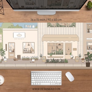 Japanese street desk mat cute mousepad beige, neutral korean anime aesthetics, tokyo city alley kawaii, xxl large gaming deskmat mouse pad