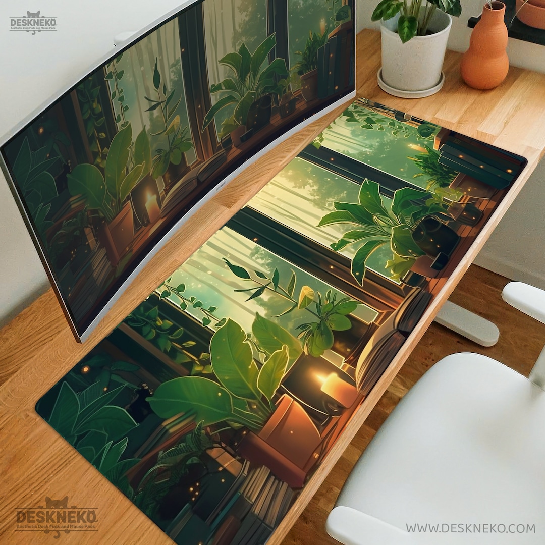 Lofi Desk Mat Plants, Cozy Rain Deskmat, Aesthetic Nature, Large Gaming ...