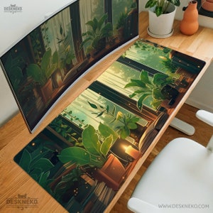 Lofi Desk Mat plants, Cozy rain Deskmat, Aesthetic nature, Large gaming mousepad xxl, vegan leather, keyboard desk pad, XL extended mousepad