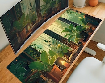 May include: A long, rectangular desk mat with a detailed illustration of a sunlit indoor garden. The design features green plants in terracotta pots, a window, and a warm glow. The mat is placed on a wooden desk. The mat's dimensions are in centimetres.