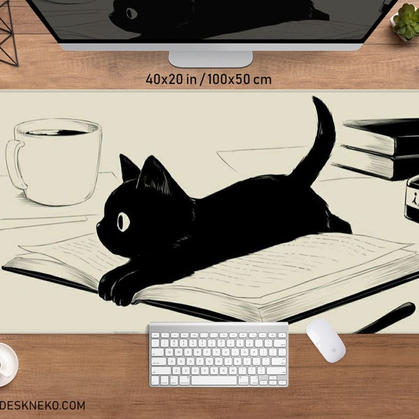 Schwarze Katze Schreibtischmatte, Niedliches Mousepad, Anime Ästhetisches Mousepad, XXL Gaming Deskmat RGB LED, Coffee beige Kawaii Manga, Matt mit Handgelenkauflage